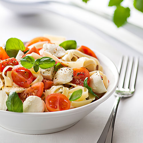Tallarines caprese con pechuga de pavita